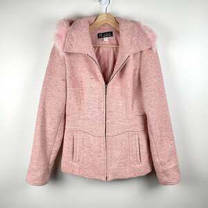 Vintage Y2K MUDD Pink Tweed Wool Blend Coat Size S Faux Fur Trim Full Zip Jacket